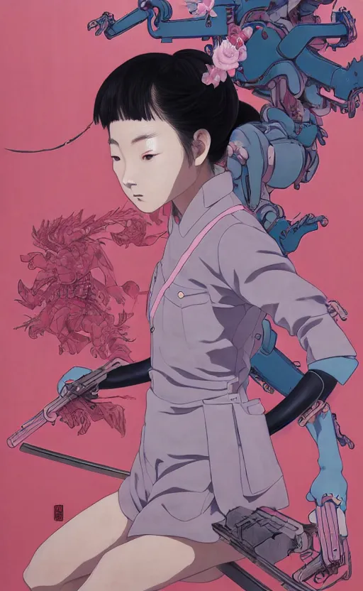 Image similar to Artwork by James Jean, Phil noto and hiyao Miyazaki ; a young Japanese future samurai police girl named Yoshimi battles an enormous looming evil natured carnivorous pink robot on the streets of Tokyo; Japanese shops and neon signage; crowds of people running; Art work by hiyao Miyazaki, Phil noto and James Jean