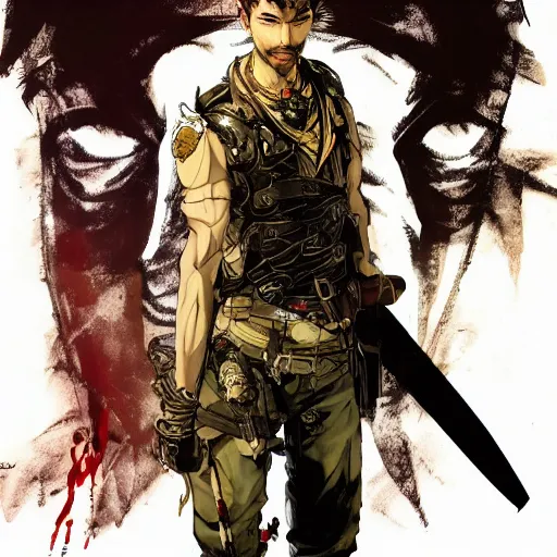 Prompt: portrait of a hero holding his sword in front of his face by yoji shinkawa, high quality, extra details, realism, ornate, colored, golden chain, blood, white skin, short hair, brown eyes, vivid, sunlight, dynamic, american man, freedom, white american soldier, spray pain style