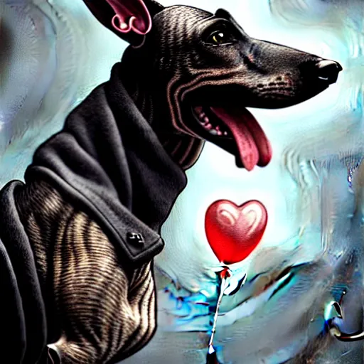 Image similar to a dark brindle greyhound with a grey face is laying down with a happy anniversary balloon floating above him, d & d, fantasy, intricate, elegant, highly detailed, digital painting, artstation, concept art, matte, sharp focus, illustration, hearthstone, art by artgerm and greg rutkowski and alphonse mucha