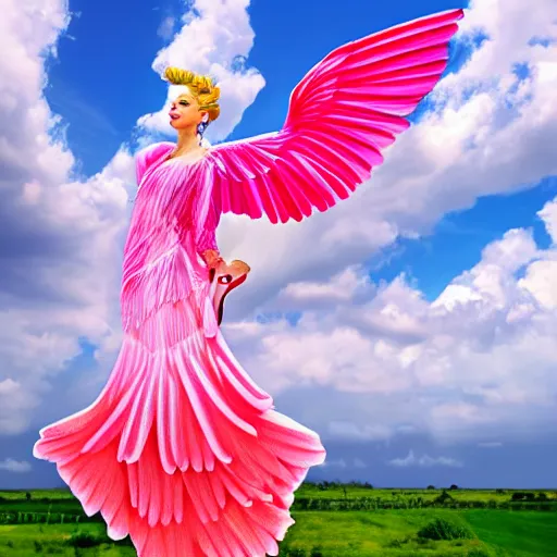 Image similar to goddess wearing a flamingo fashion on the clouds, photoshop, colossal, creative, giant, digital art, photo manipulation, clouds, sky view from the airplane window