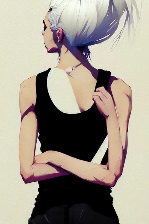 Image similar to a ultradetailed beautiful painting of a stylish woman in with white hair in a ponytail, she is wearing a black tank top, by conrad roset, greg rutkowski and makoto shinkai trending on artstation