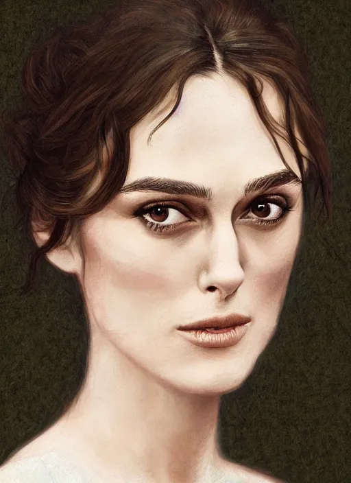 Image similar to a photograpic portrait of Keira Knightley, pride and prejudice, realistic, with kind face, dark hair, georgian dress, intricate, elegant, highly detailed, digital painting, smooth, sharp focus