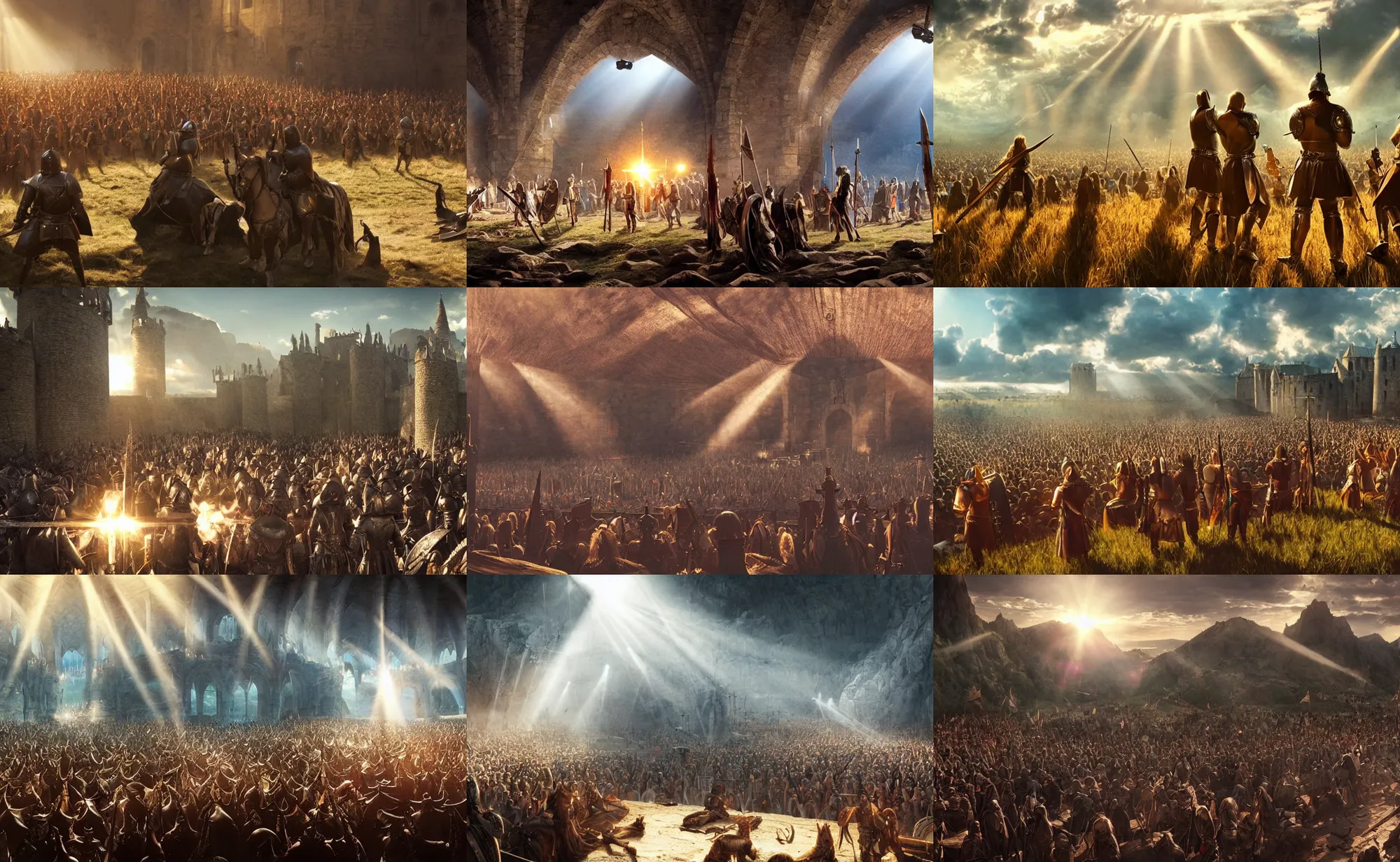 Prompt: epic cinematic artwork of medieval warriors watching depeche mode perform, 4 k, sun rays, masterpiece