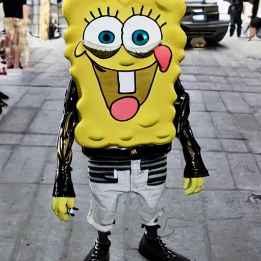 Prompt: Spongebob in real life wearing Rick Owens clothing, avant garde fashion look and clothes, outfit photograph, trending on r/Streetwear