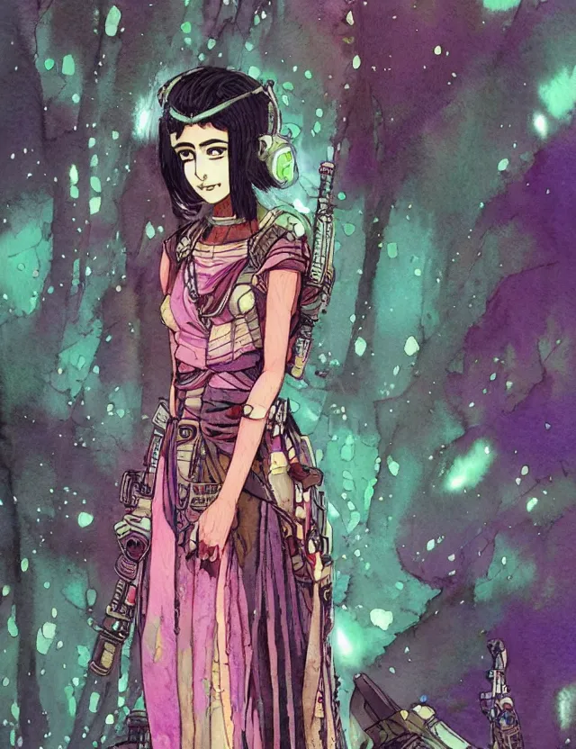 Prompt: south asian scifi princess of the lichen woods, wearing a lovely dress with cyberpunk elements. this watercolor painting by the award - winning mangaka has an interesting color scheme, plenty of details and impeccable lighting.