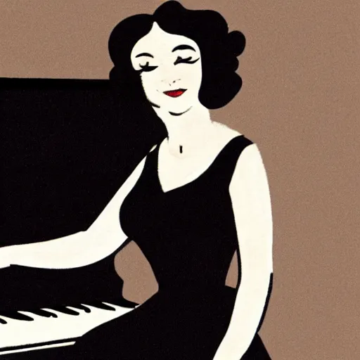 Prompt: vintage beautiful woman with an halo, wearing an black dress and sitting in an piano, 3 0 s cartoon