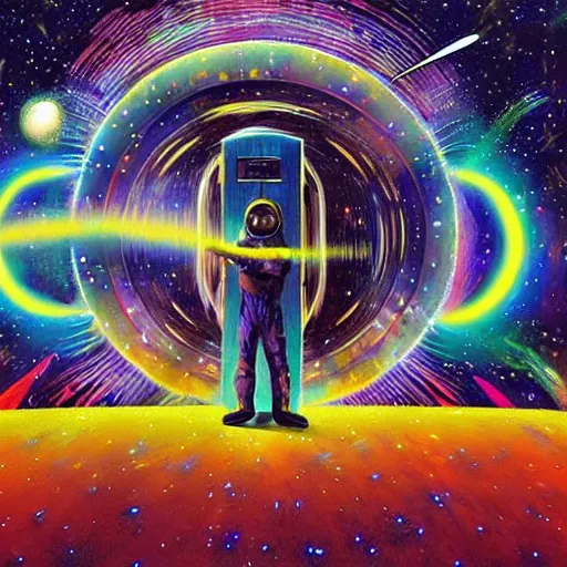 Prompt: psychedelic astronaut opening door that shows us space time and the universe, highly detailed and epic composition.