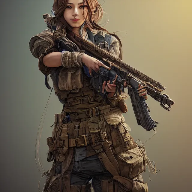 Image similar to the portrait of lawful neutral semi - colorful female infantry sniper as absurdly beautiful, gorgeous, elegant, young woman looking up, an ultrafine hyperdetailed illustration by kim jung gi, irakli nadar, intricate linework, bright colors, octopath traveler, final fantasy, unreal engine 5 highly rendered, global illumination, radiant light, detailed and intricate environment