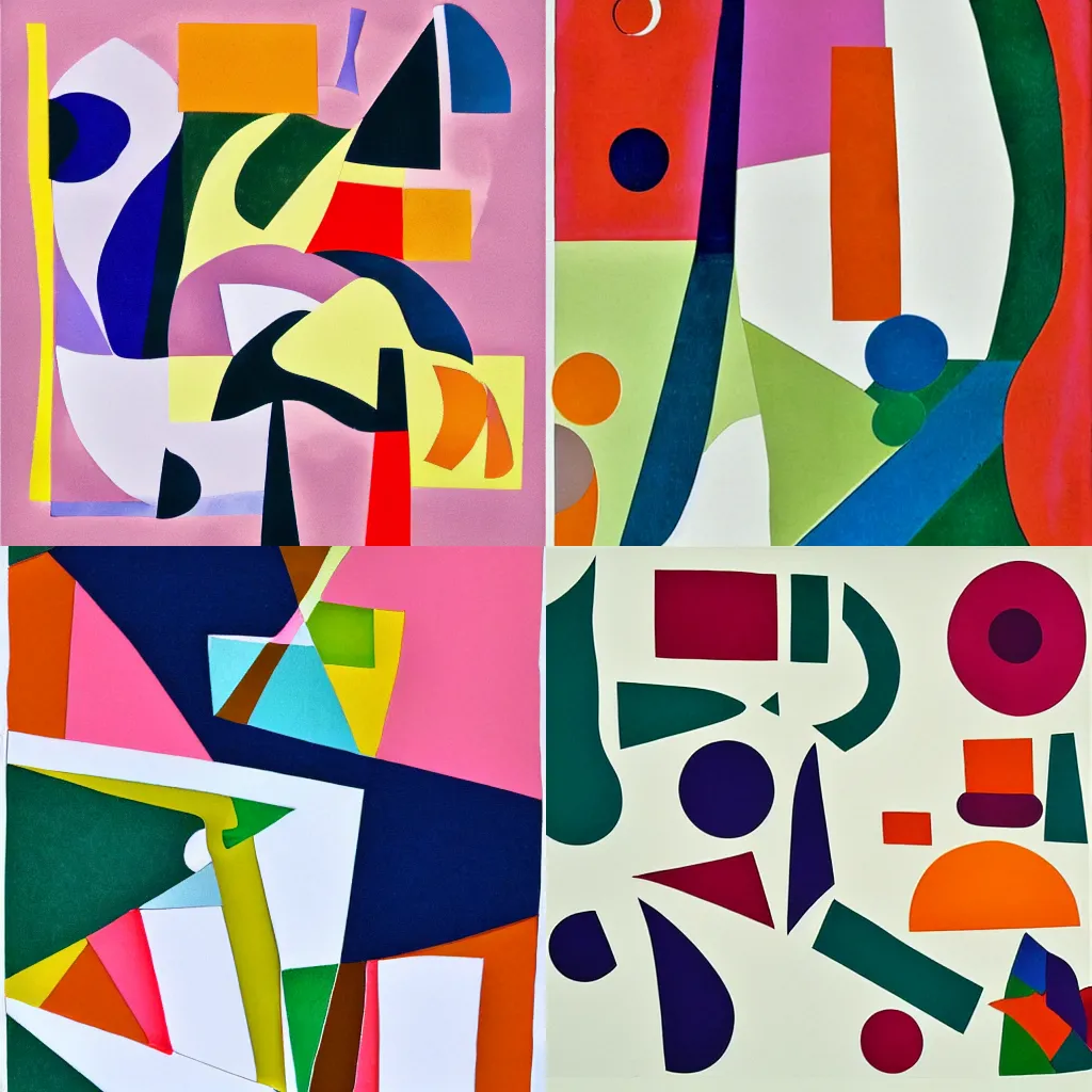 Prompt: abstract organic shape paper cut flat collage in the style of Matisse with kandinski with Klee in muted analogous Colors on crisp white copy paper, ultra-hd , modern art style