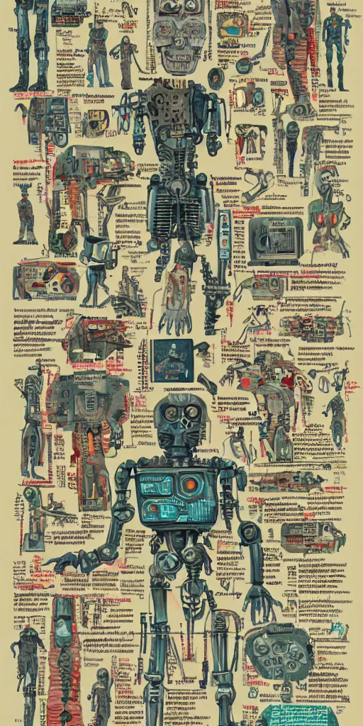 Prompt: anatomy of the terminator, robot, cyborg, t100, diagrams, map, marginalia, sketchbook, old script, inhabited initials, pastel infographic by Wes Anderson and victo ngai