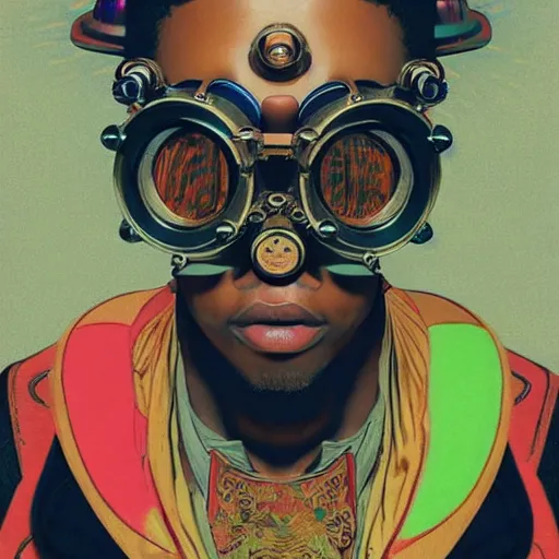 Image similar to colourful vfx upper half - portrait - art of a nigerian boywearing steam punk goggles, art by utagawa kunisada, james jean & alphonse mucha, symmetrical, intricate detail, concept art, volumetric light, ray tracing, caricature, digital illustration, octane 3 d render, unreal engine, sharp, pinterest, behance, art station,