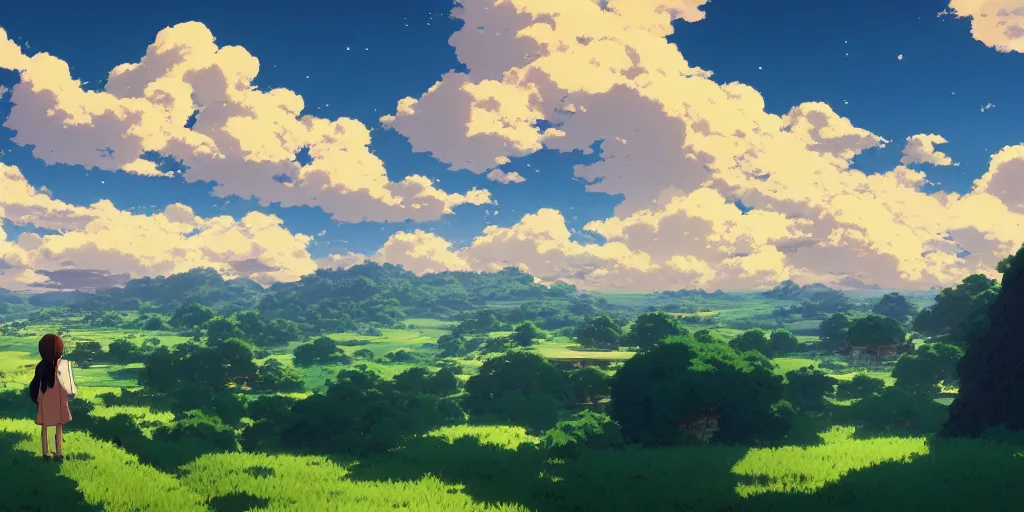 Image similar to beautiful landscape, big clouds, golden hour by makoto shinkai, studio ghibli