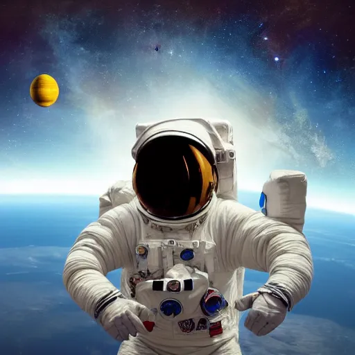 Image similar to astronaut in space, galactic background reflections on suit on one side and a yellow planet on the other side