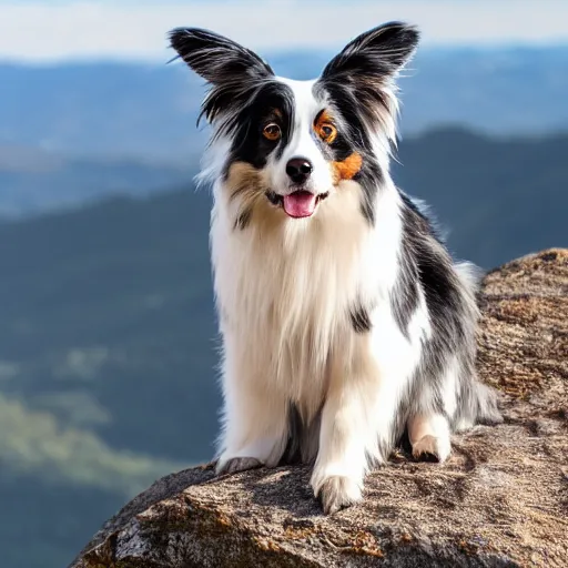 Image similar to blue Merle Australian shepard on top of a mountain