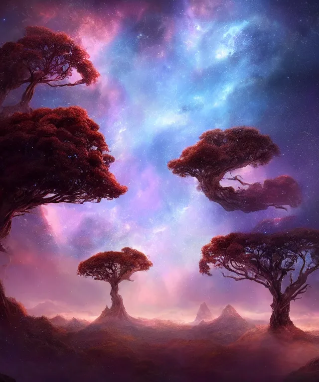 Image similar to a beautiful dreamlike terrain with large twisting trees and the nebula peeking through the sky, digital matte painting by yucong tang