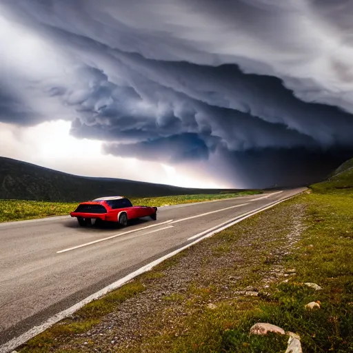 Image similar to pontiac firebird trans - am driving towards the camera, norway mountains, cinematic, motionblur, volumetric lighting, foggy, wide shot, low angle, large lightning storm, thunder storm, tornado