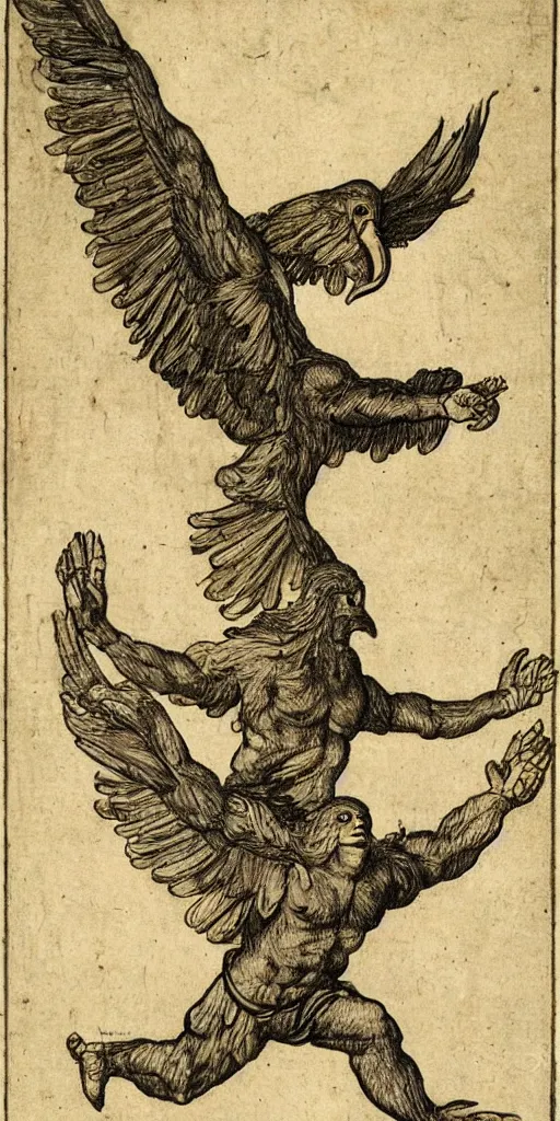 Image similar to human - eagle creature with one big beak, drawn by da vinci