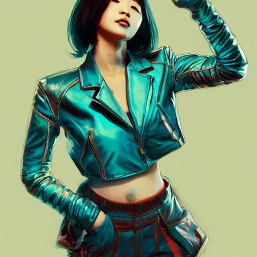 Image similar to Full body of Korean female wearing futuristic short teal leather jacket and 1980s shorts, expressive pose, intricate, elegant, highly detailed, digital painting, artstation, concept art, smooth, sharp focus, illustration, art by artgerm and greg rutkowski and alphonse mucha