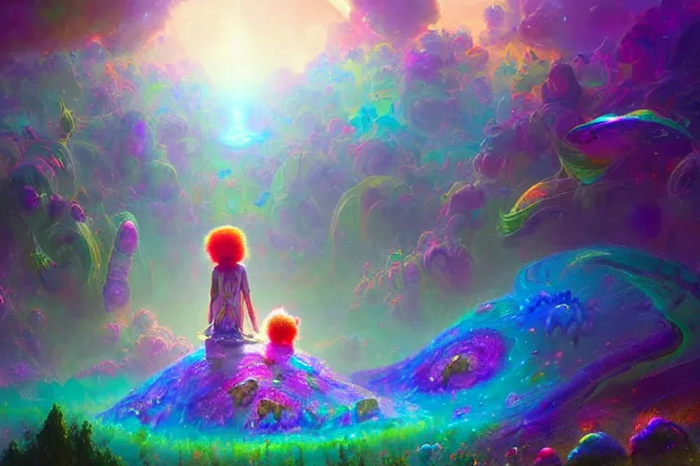 Image similar to a psychedelic realm made entirely out of love and acceptance and hypercolors. astral beings sharing love. cute smiling glowing skin glowing chibi style pixar baby dinosaurs in the style of greg rutkowski and wlop and lisa frank! and bob ross!!! and ruan jia, illustration, epic, fantasy, hyper detailed, smooth, unreal engine, sharp focus, ray tracing