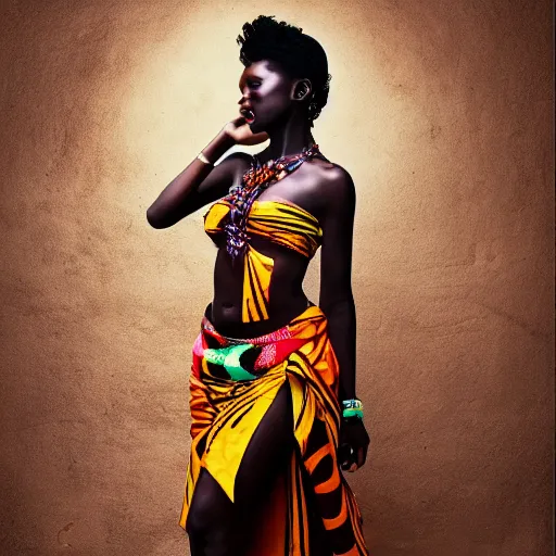 Image similar to beautiful east african woman, east african attire, monochromatic colors, seductive, painterly, surrealist, fine art photography, dreamy