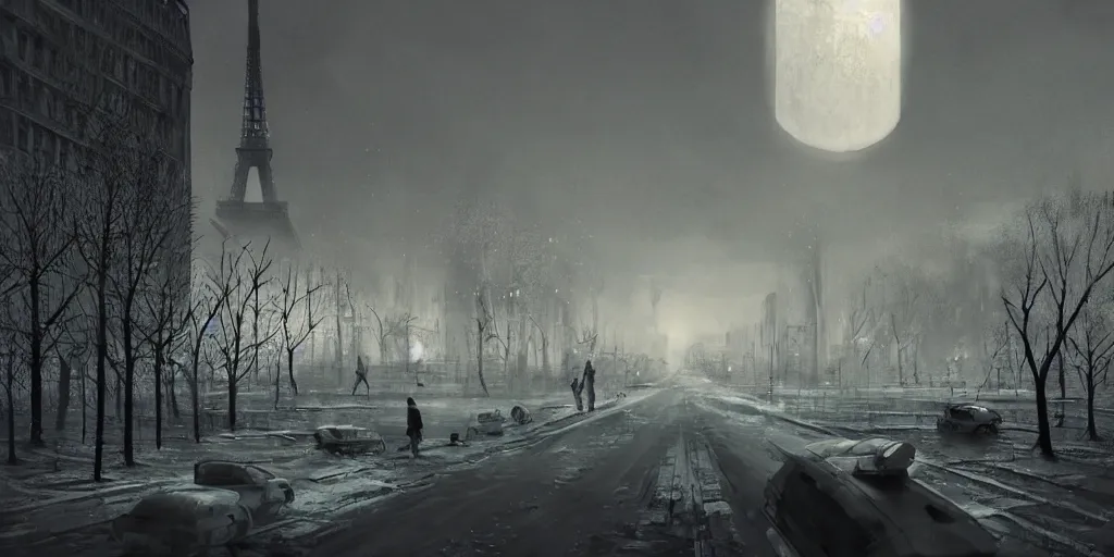 Image similar to nuclear winter, paris, near future, fantasy, sci - fi, hyper realistic, serene morning.