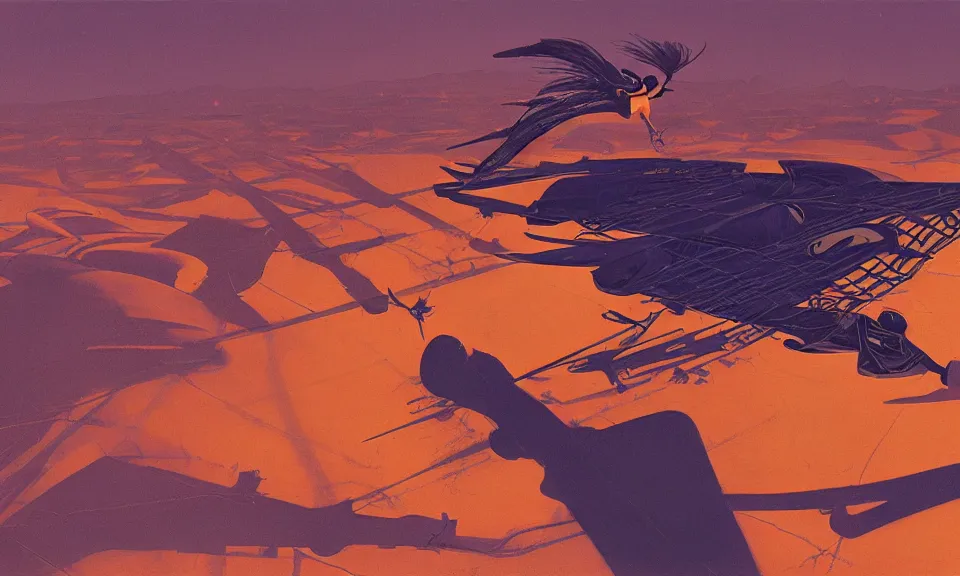 Prompt: digital art, birds eye view, berber witch flying over the desert at night, by syd mead, syd mead color scheme, sci - fi, arik roper, kirby krackle, concept art