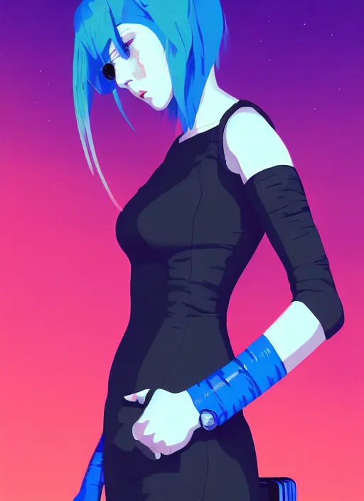 Image similar to digital illustrationportrait of cyberpunk pretty girl with blue hair, wearing a tight black dress, in city street at night, by makoto shinkai, ilya kuvshinov, lois van baarle, rossdraws, basquiat