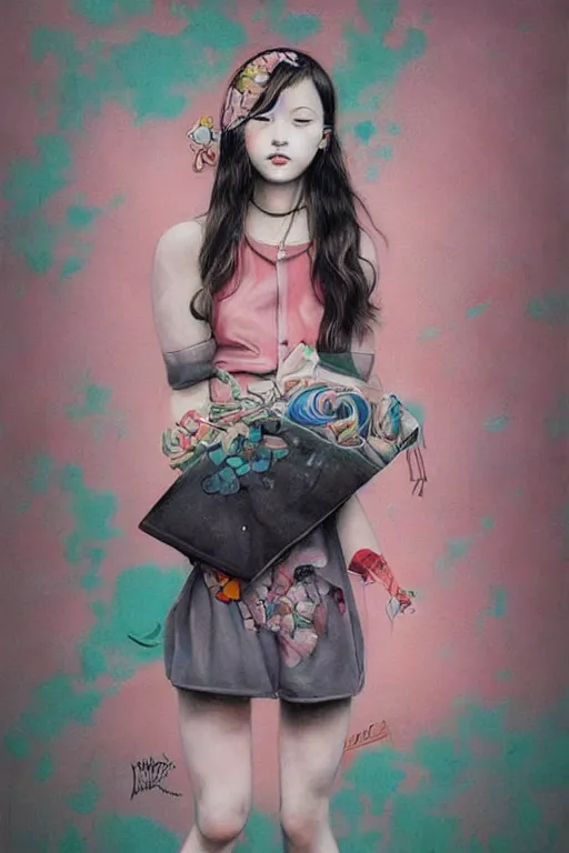 Image similar to pop surrealism, lowbrowart, realistic cute girl painting, hyper realism, japanese street fashion, muted colors