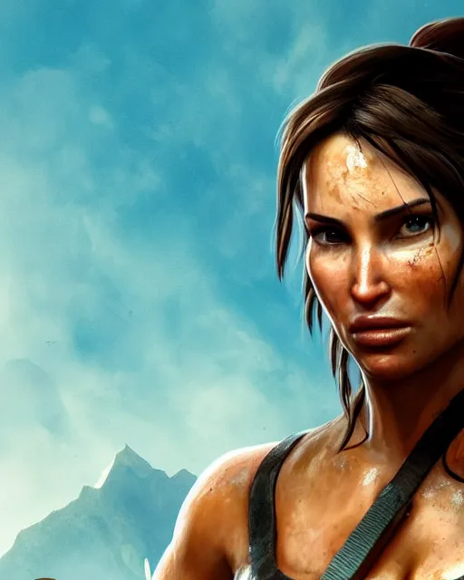 Prompt: portrait of lara croft, focus on her neck, looks thirsty, sweat and heat, muscular sweat