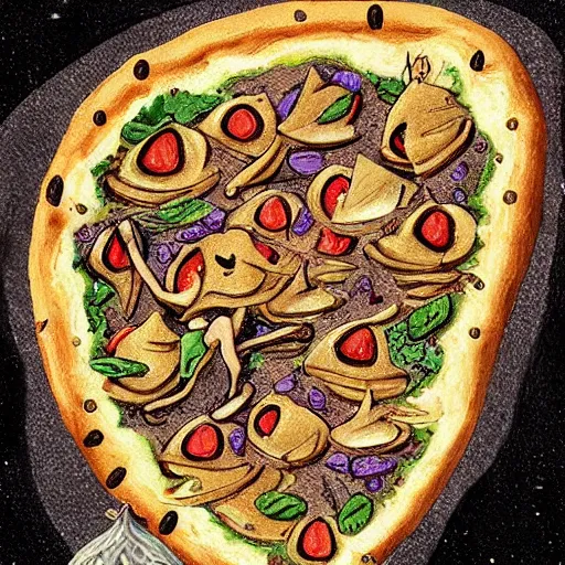 Prompt: a pizza with little fairy heads on it, fantasy art, illustration, amazing detail, the the style of greg ruthkowski