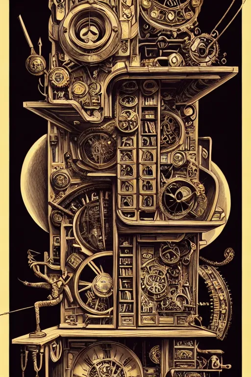 Image similar to a majestic steampunk alchemists bookshelf, two point perspective, furniture, high details, bold line art, by vincent di fate and joe fenton, inking, etching, screen print, masterpiece, trending on artstation, sharp, high contrast, hyper - detailed,, hd, 4 k, 8 k