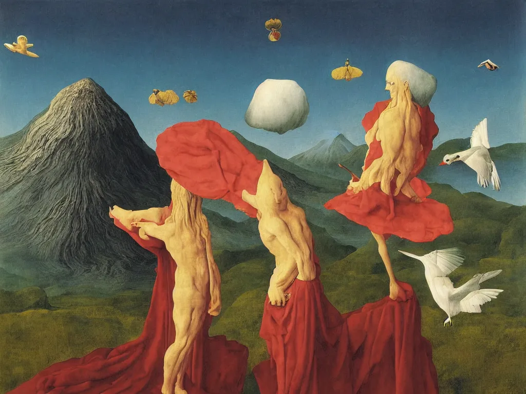 Image similar to albino mystic, with his back turned, with wild exotic Colibri looking at a erupting volcano in the distance. Painting by Jan van Eyck, Audubon, Rene Magritte, Agnes Pelton, Max Ernst, Walton Ford