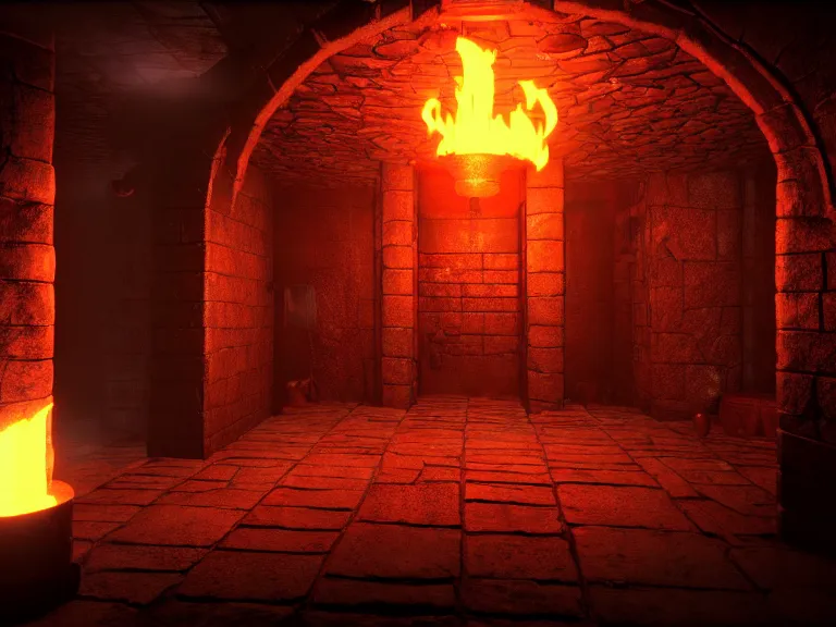 Prompt: delicious torch lit prison dungeon jail cell atmospheric unreal engine hyperreallistic render 8k character concept art masterpiece screenshot from the video game the Elder Scrolls V: Skyrim deep vibrant orange red flame global illumination