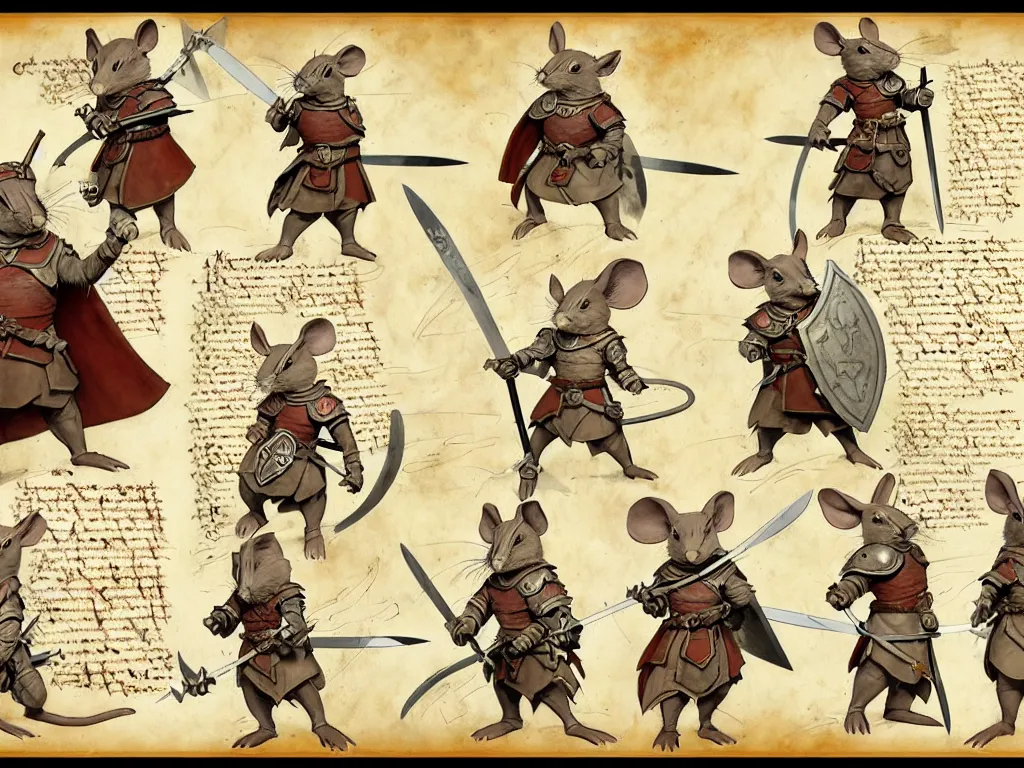 Image similar to character design sheet for a heroic mouse knight with sword and shield on a parchment background, redwall, greg rutowski and jean baptiste monge, very very detailed, epic fantasy concept art