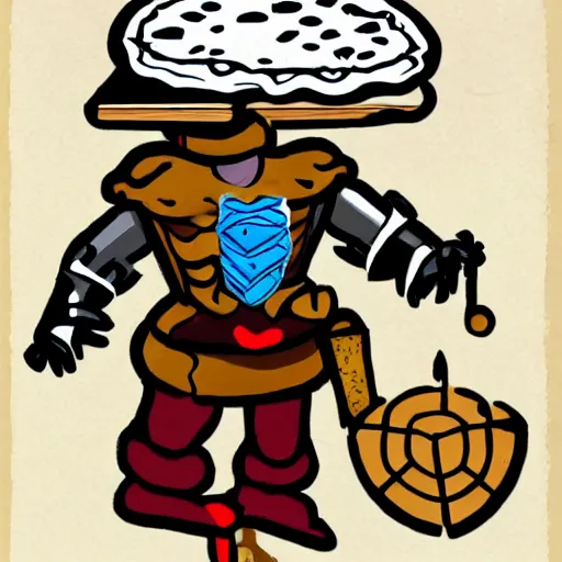 Prompt: adventurer with armor made of pizza,
