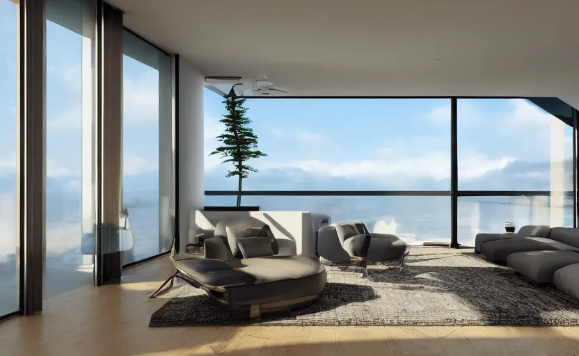 Image similar to a interior photo of a furnished modern house with a large window with view to the sea at sunset, octane render, unreal engine 5, godrays, ray tracing, hyperrealistic, full of luxury furniture, calm, relaxing, complementary colors, warm lighting, clouds in the sky, concept art, 4k, high quality, highly detailed, trending on DeviantArt, beautiful