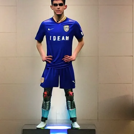 Image similar to “a realistic detailed photo of a guy who is an attractive humanoid who is half robot and half humanoid, who is a male android, Christian Pulisic, shiny skin, posing like a statue, blank stare, press conference, on display”