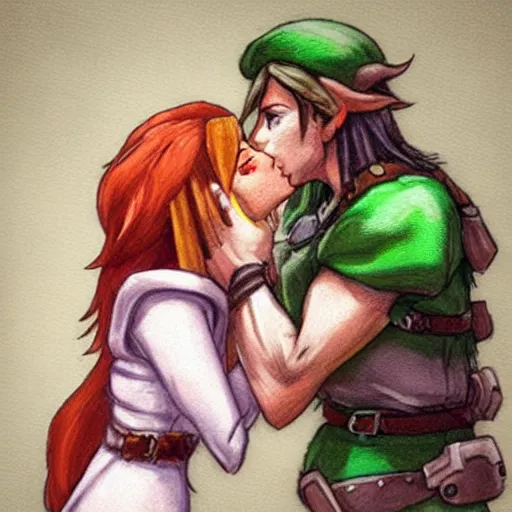 Prompt: female link and malon kissing, concept art, highly detailed