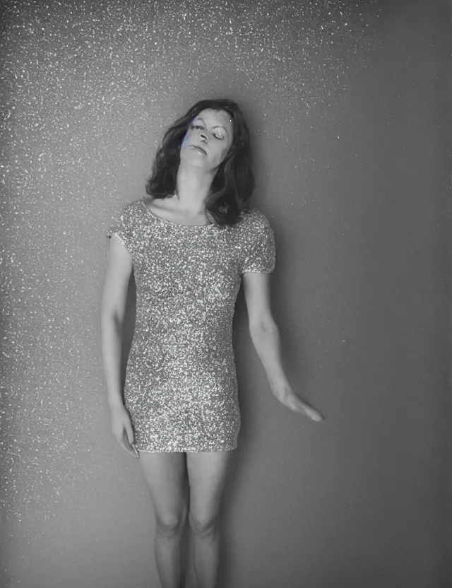 Image similar to conceptual polaroid photo with flash, portrait of a woman in glitter dress, polaroid photo strong lights, kodak film stock, hyper real, stunning moody cinematography, with anamorphic lenses, by maripol, detailed