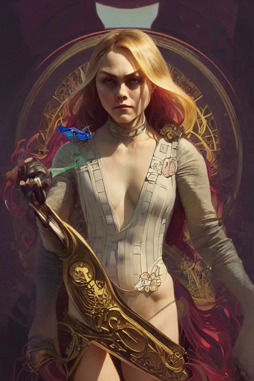 Prompt: annasophia robb as a super villain, fantasy, intricate, elegant, highly detailed, digital painting, artstation, concept art, matte, sharp focus, illustration, art by WLOP and Greg Rutkowski and Alphonse Mucha, masterpiece, Refined