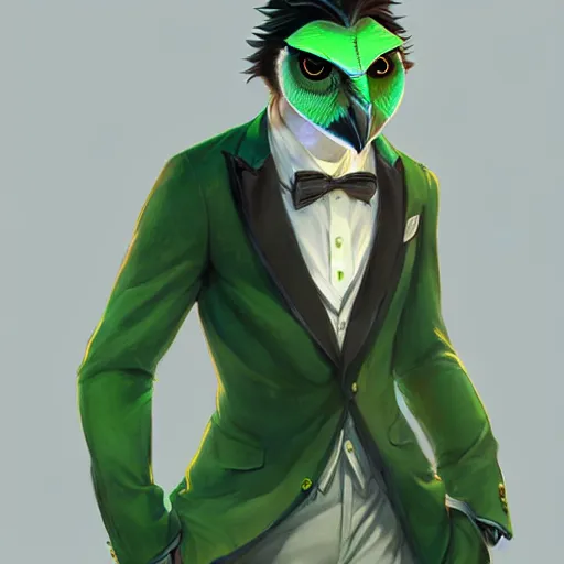 Image similar to a half human half owl creature wearing a green tuxedo suitCharacter design by charlie bowater, ross tran, artgerm, and makoto shinkai, detailed, inked, western comic book art, 2021 award winning painting,digital art,ultra realistic,ultra detailed,art by greg rutkowski,hyperdetailed,photorealistic