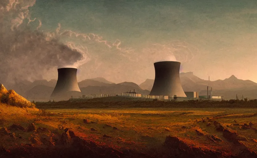 Image similar to nuclear powerplant in a field, close up shot, rocky, at dusk, distant mountains, 4k, rule of thirds, extreme detail, hazy, intricate ink illustration, surreal, surrealist, trending on artstation, cgsociety, hd, calm, complimentary colours, realistic lighting, by Albert Bierstadt, Frederic Edwin Church.