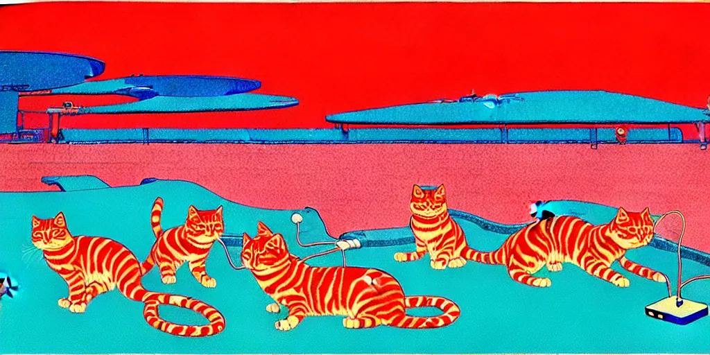 Prompt: risograph of electric cats that fly over ice, a lot of tv screens around, shrimps are all over the ground, acid and dreaming psychedelic hallucinations, by kawase hasui, moebius and edward hopper, colorful flat surreal design, hd, 8 k, artstation