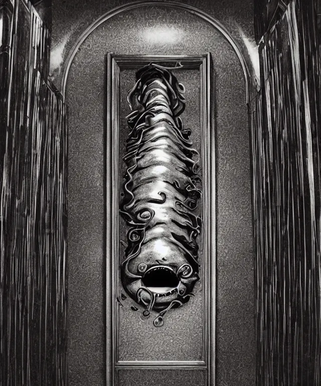 Prompt: horrifying full color photorealistic image an old hotel elevator lobby, elevator doors look like a mouth, with a tentacle - shaped tongue, licking out, dark, atmospheric, brooding, smooth, finely detailed, cinematic, epic, in the style of lee gibbons