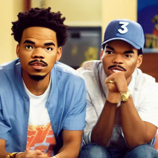 Image similar to a tv still of Chance The Rapper starring as a college student in a 1998 sitcom, 40mm lens