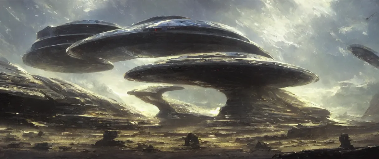 Image similar to An oil painting of a huge alien starship by Craig Mullins