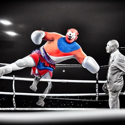 Prompt: clowns boxing in the ring, clown makeup, clown makeup, circus clowns, clowns, a clown throwing a punch, hbo showtime, sports photography, high speed photo, hdr