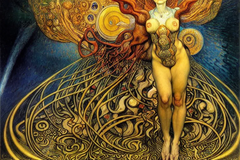 Image similar to Divine Chaos Engine by Karol Bak, Jean Delville, William Blake, Gustav Klimt, and Vincent Van Gogh, symbolist, visionary