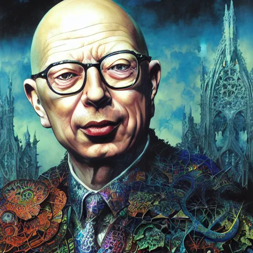 Prompt: realistic detailed image of klaus schwab by ayami kojima, amano, karol bak, greg hildebrandt, and mark brooks, neo - gothic, gothic, rich deep colors. beksinski painting, part by adrian ghenie and gerhard richter. art by takato yamamoto. masterpiece