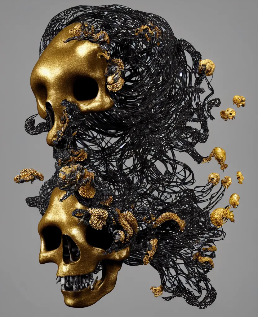 Image similar to fully black background. background hex 000000. goddess princess face close-up portrait ram skull. sculpture made of gold and black charcoal. jellyfish phoenix head, nautilus, orchid, skull, betta fish, bioluminiscent creatures, intricate artwork by Tooth Wu and wlop and beeple. octane render, trending on artstation, greg rutkowski very coherent symmetrical artwork. cinematic, hyper realism, high detail, octane render, 8k